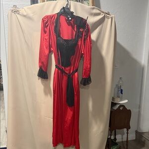 1980 Sara Beth Red Satin Vintage-Style Robe, corset, garter belts and garter